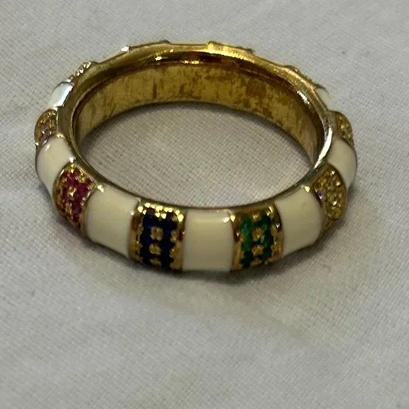 Gemstone Gold & White Enamel Band Ring - Picture 3 of 6